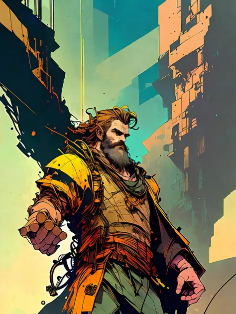 Nvinkpunk, painted portrait of stout zeus, god of thunder, greek god, blond hair, male, mature, handsome, upper body, muscular, hairy torso, fantasy, golden colors, intricate, elegant, highly detailed, digital painting, art station, concept art, soft, shar...