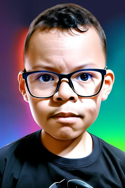 guttonerdvision4, portrait of a 3-year-old boy wearing glasses, Detailed face and skin using headset with microphone, face facing the camera, futuristic style background with neon and character-like details from The Matrix. realistic illustration drawn by ...