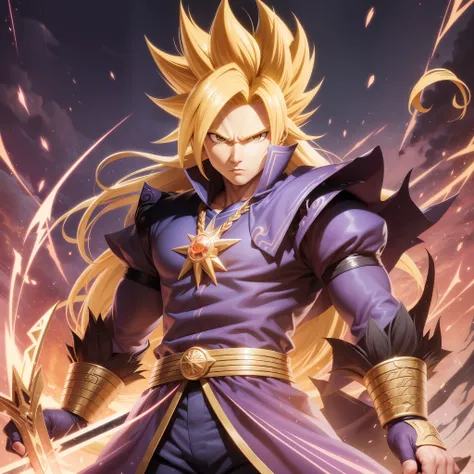 a close up of a person with a sword in their hand, an epic anime of a energy man, super saiyan 3, super sayan, powerful warrior, super saiyan, the god of chaos, super saiyan joe biden, anime tribal boy with long hair, furious god zeus, yugioh artwork, anim...