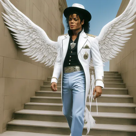 Michael Jackson with angels wings and white clothing and hes walking up some white stairs towards his hat --auto --s2