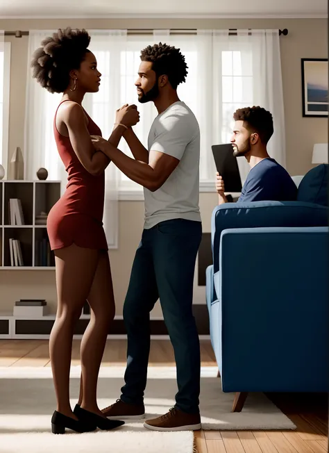 portrait of interracial couple in living room, arguing, fighting, tension, 8k uhd, octane rendering, 4k, HDR, dynamic lighting