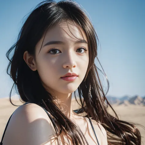 Best Quality, Masterpiece, Ultra High Resolution, (Realistic: 1.4), Original Photo, Head Photo, Skin, Simple Background, Black Eyes, Details, 1 Girl, Desert, Look at the Sky, Reality