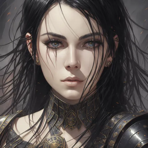 seductive, highly detailed close-up wallpaper of beautiful woman with black hair wearing black leather armor, scars, blood, dark...