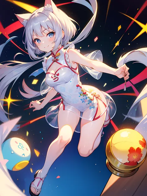 Masterpiece, Top Quality Anime Illustration, Super Detailed, One Girl, Solo Focus, Silver-Haired Beautiful Girl, Anime Loli, Cat Ear Loli, White See-Through Cheongsam, Short Cheongsam, Sleeveless, Smile, Cleavage Emphasis, Thigh Focus