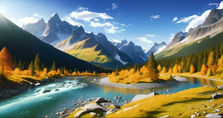 detailed background, masterpiece, best quality, scenery, mountains, river, forest, sun, day, clouds