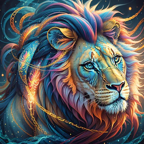 a painting of a colored lion on a black background, breathtaking rendering, within a radiant connection, inspired by kinuko y. c...