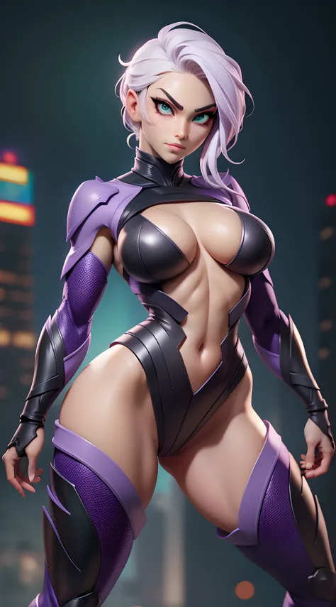 ninja, purple ninja suit, pretty face, serious face, white hair, green eyes, perfect body, fit body, big breasts, muscular, black mouth mask, bokeh, UHD, side lighting, full body must be visible
