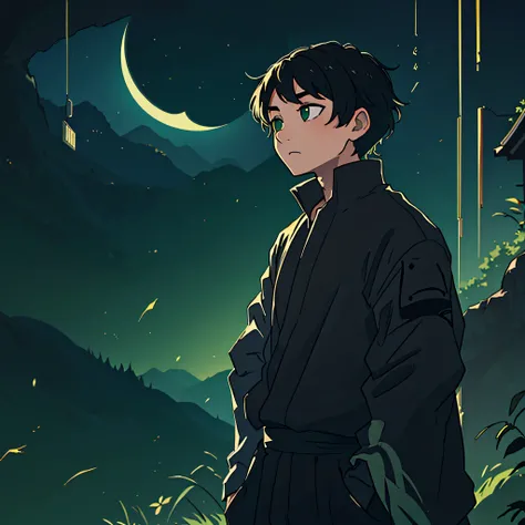best quality, masterpiece, japanese boy, sleeve stroke, short hair, black hair, dark clothes, dark scenery, background moon, green eyes --auto --s2