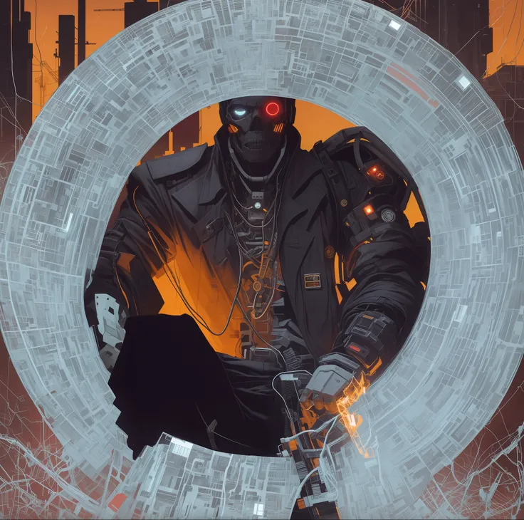 A black cyberpunk male detective, skulls, cybernetic implant wires, grimcore black machine, in the style of Adrian Ghenie Esao Andrews Jenny Saville Surrealism Dark art by James Jean Takato Yamamoto and by Ashley Wood and Mike Mignola, 8K UHD, octane rende...