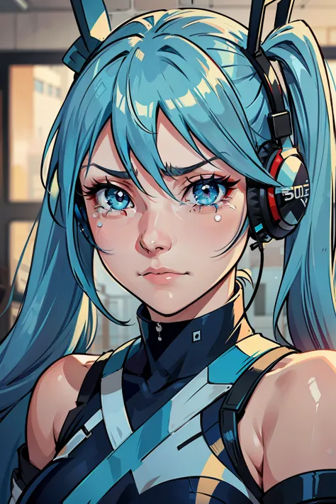 1girl, solo, long hair, looking at viewer, blue eyes, red eyes, hair between eyes, twintails, closed mouth, blue hair, tears, blurry, aqua eyes, aqua hair, depth of field, headphones, heterochromia, expressionless, portrait, close-up, multicolored eyes, ey...