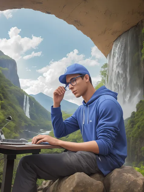 this image depicts a fair-skinned young man, wearing blue glasses and a black cap, sitting next to a computer. his serious and c...