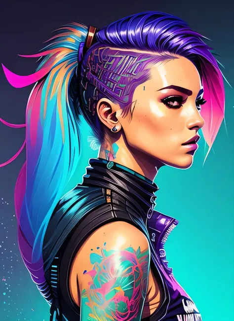 swpunk style synthwaveaward winning half body portrait of a woman in a croptop and cargo pants with ombre navy blue teal hairsty...