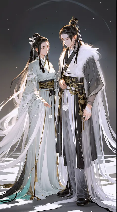 An ancient Chinese boy and girl, full body portrait, looking at each other, gentle eyes, clear facial features, wearing Hanfu, body surrounded by black and white mist, kingly temperament, movie edge light, delicate light, masterpiece, super detailed, epic ...