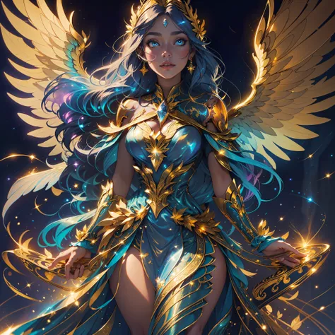 an angel woman is standing in a night setting, shrouded in a magical aura. their long, golden hair glows with soft blue reflecti...