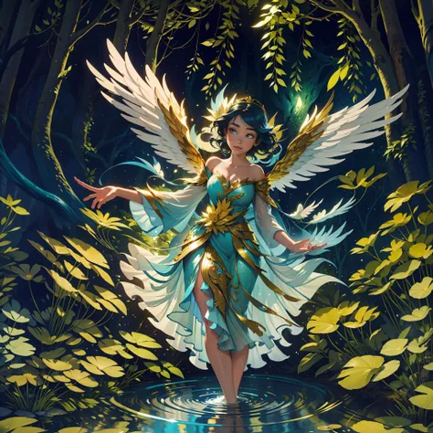 the image depicts an angel woman falling gracefully down a stream into an enchanted forest. the flowing water has a golden blue ...