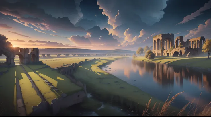 "A breathtaking (masterpiece) depicting a stunning (landscape) of a (river) with a magnificent view of (ruins) and a vast expanse of (grass), all set against the backdrop of a (war) ravaged land shrouded in a (night)time veil. Its (best quality) and breath...
