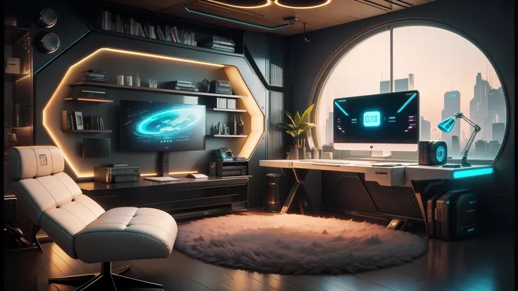 arafed room with a desk, chair, and a computer monitor, futuristic room background, retro futuristic apartment, cyberpunk apartment, futuristic room, the cyberpunk apartment, cgsociety 9, futuristic decor, futuristic interior, cyberpunk teenager bedroom, in a cyberpunk themed room, futuristic furniture, futuristic looking living room, futuristic decoration, desktopography --auto --s2