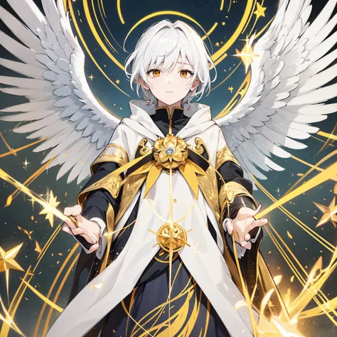 anime, two-dimensional, expressionless boy, golden eyes and white hair, angel, six wings, shine, golden splendor, big scene, sin...