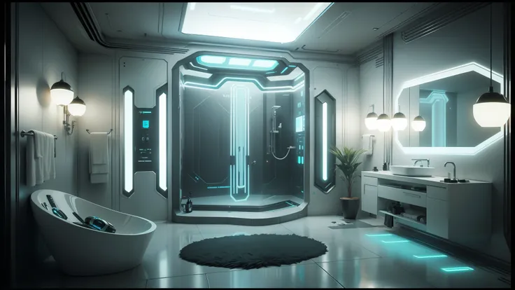 there is a futuristic bathroom with a large shower and a sink, futuristic. game cg, futuristic room, cyberpunk apartment, futuristic interior, futuristic decor, retro futuristic apartment, in a cyberpunk themed room, futuristic room background, cgsociety unreal engine, interior of a bathroom, unreal engine 5 : :, the cyberpunk apartment, cgsociety 9, altered carbon style --auto --s2
