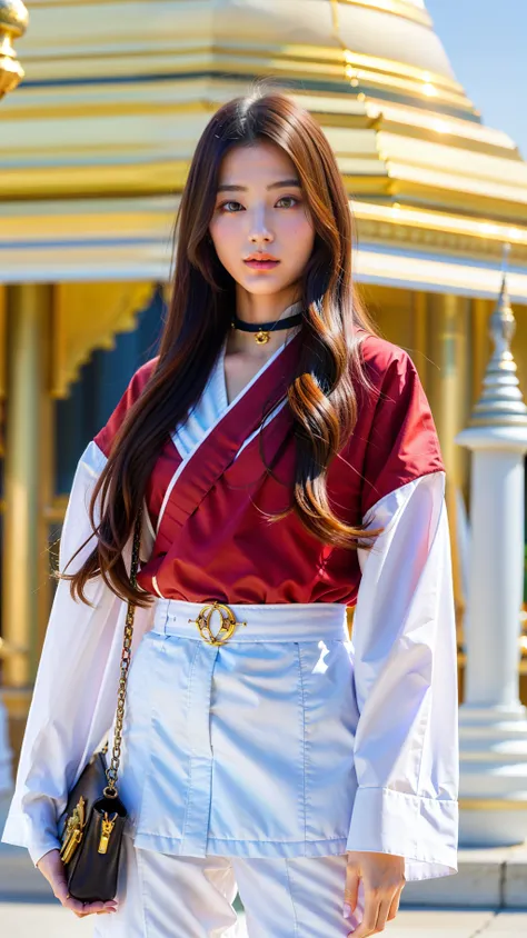 (skindentation:1.2), (realistic:1.1), best quality, photorealistic, 1 elegantly beautiful girl, gorgeous, majestic, long hair, wearing a red kimono, white pants, choker, Bag, streets, studio soft light, rim light, urban, (detailed background:1.2), (wide hi...