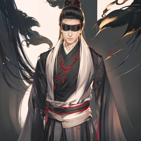 blindfolded, an ancient chinese handsome boy, blindfolded, black cloth strips covering his eyes, flowing hanfu, black, game mode...