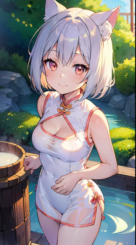 Masterpiece, Top Quality Anime Illustration, Super Detail, One Girl, Solo, Beautiful Girl with Silver Hair, Anime Loli, Cat Ear Loli, Pale Color Peach See-Through Cheongsam, Short Cheongsam, Sleeveless, Smile, Bare Skin Side Breast, Thigh Focus, Cleavage E...