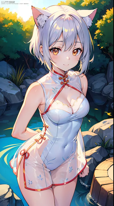 Masterpiece, top quality anime illustration, super detail, single girl, solo, beautiful girl with silver hair, anime loli, cat ear loli, pale color golden see-through cheongsam, short cheongsam, sleeveless, smile, bare skin lateral breast, thigh focus, cle...