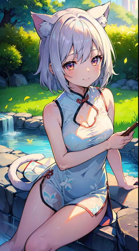 Masterpiece, Top Quality Anime Illustration, Super Detail, Single Girl, Solo, Beautiful Girl with Silver Hair, Anime Loli, Cat Ear Loli, Pale Color Grass See-Through Cheongsam, Short Cheongsam, Sleeveless, Smile, Bare Skin Side Breast, Thigh Focus, Cleavag...