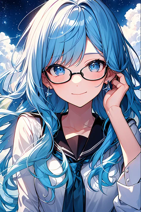 (Masterpiece, Top Quality, Best Quality, Watercolor (Medium), Official Art, Beautiful and Aesthetic: 1.2), (1 Girl: 1.3), (Fractal Art: 1.3), Full Body, Star-shaped Pupil, Viewers Look, Pattern, (Blue Hair, Light Blue Hair, Half Blue and Half Light Blue Ha...