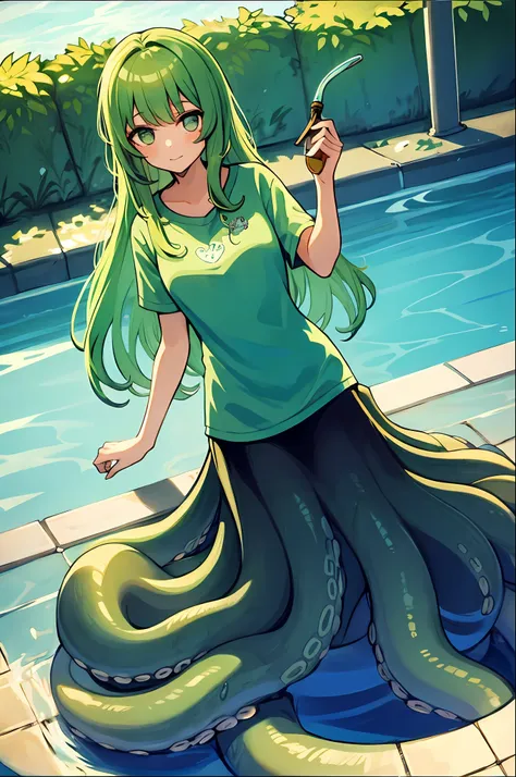 1girl with light green hair and a shirt holding a wand, scylla, masterpiece, best quality, in a pool, long hair, shy