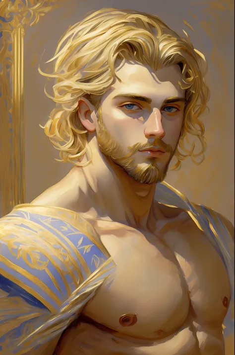 a painted portrait of a fitted apollo, god of beauty, greek god, greek male beauty, blonde hair, big expressive eyes, big lips, ...