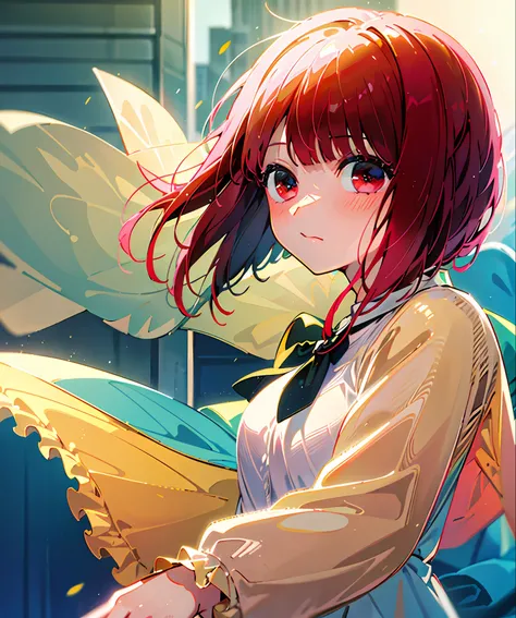 (Best Quality, Masterpiece), 1girl, Particles, Wind, Flower, Bust Shot, Simple Background, Look Viewer, Redhead, Blush, Cute, Upper Eyes, White One Piece