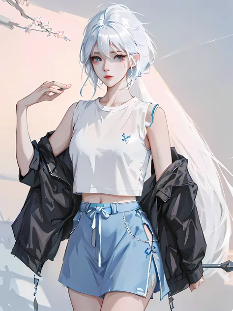 there is a woman with white hair and a blue skirt, artwork in the style of guweiz, style anime, anime inspired, trending on cgstation, guweiz, modern anime style, casual clothes, casual clothing, anime styled, realistic anime 3 d style, anime style, anime ...