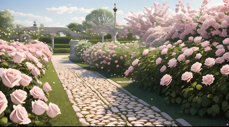 a mysterious garden, stone paved paths, many pink and white roses growing in the bushes, roses in the movie, rose garden, beauti...