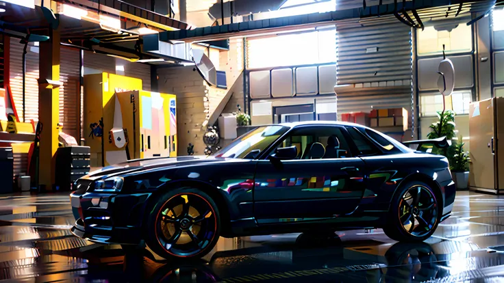 arafed yellow sports car parked in a warehouse with a large window, hyper realistic detailed render, 3 ds max + v - ray, hyper realistic render, 3 ds max + vray, hyper realistic 3 d render, 3 d hyper realistic render, 4k render, 4 k render, vray 4k render,...