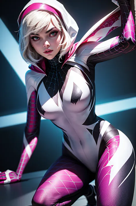 spider gwen gwen in a black and pink outfit, organic looking outfit, gooey forehead, symbiote, white eyes, fine art, ps5 cinemat...