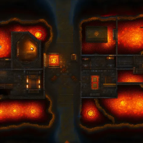 battlemap the streets of a medieval kingdom filled with lava an underworld several houses topdown vision