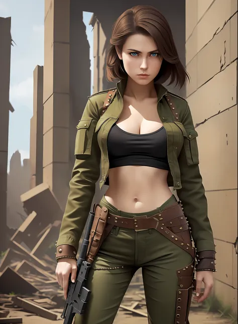 medium-chested woman, trousers, rivets, holsters, large gun, in ruins