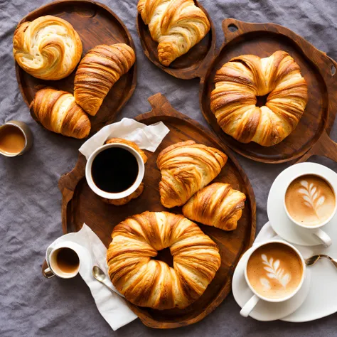 (cozy photo, best quality, warm and soft lighting), ((small tray with freshly baked breads and a fresh croissant, a cup of smoke...