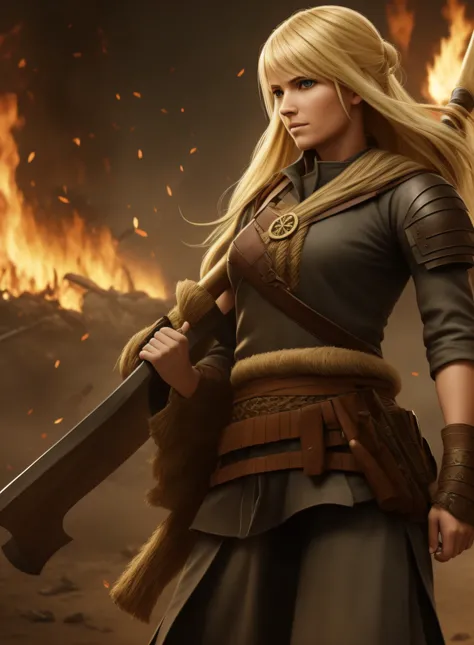 Blonde woman, warrior, guerrilla outfit, holding a katala, 4k