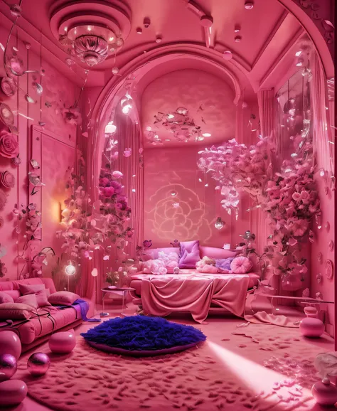 a brightly lit room with a couch and a rug in it, magical colors and atmosphere, magical colours and atmosphere, dreamy atmosphe...