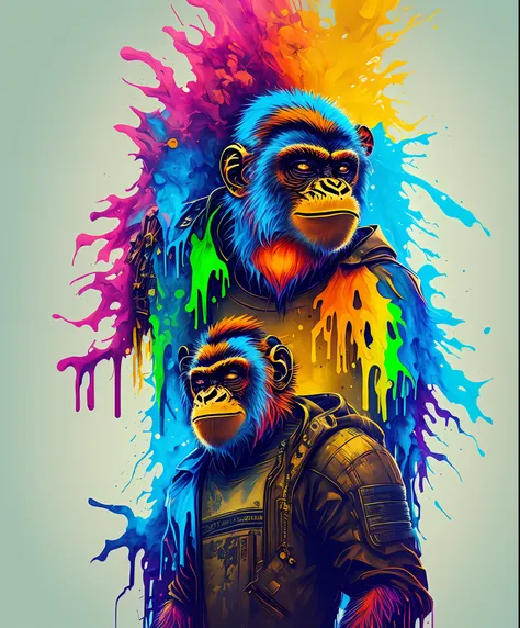 (a portrait of cyberpunk monkey with colored fluid), t-shirt logo in tapered thin outline style, spell view, artwork in (empty b...