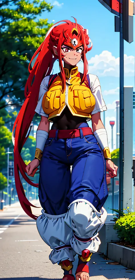 zenki(cute smile:1.2) , c twinbraids, tall female, curvy, huge breast, musclegirl, walking forest, pants, vest, smug, red hair