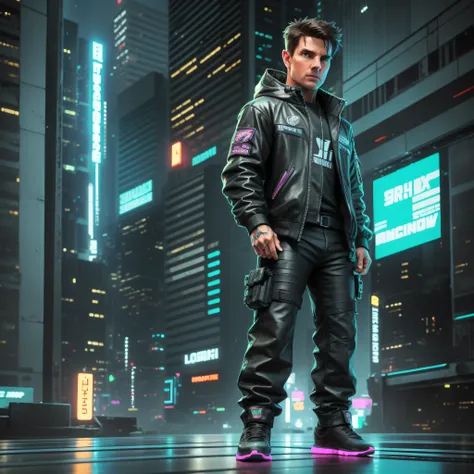 tom cruise, loish, jeremy mann, full body shot, character sheet, lightningwave, 3d, cgi, glowing neon, cyberpunk, streetwear out...