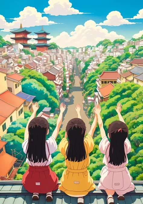painting of three girls sitting on a roof with their arms raised, a picture by Naka Bokunen, trending on cg society, cloisonnism, in style of kyoto animation, studio ghibli painting, tokyo mural, miyazakis animated film, japanese animation style, ghibli spirited away vibe, style in ghibli anime, kyoto animation still, studio ghibli color cheme