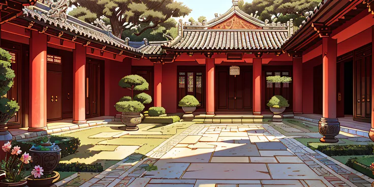 masterpiece, the best quality, high quality, extremely detailed, ancient chinese courtyard is generally composed of courtyards, ...