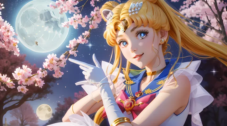 masterpiece, best quality, (1girl), supersailormoon, detailed face,  smile, nigh sky, moonlight, moon, sakura trees,  white glov...