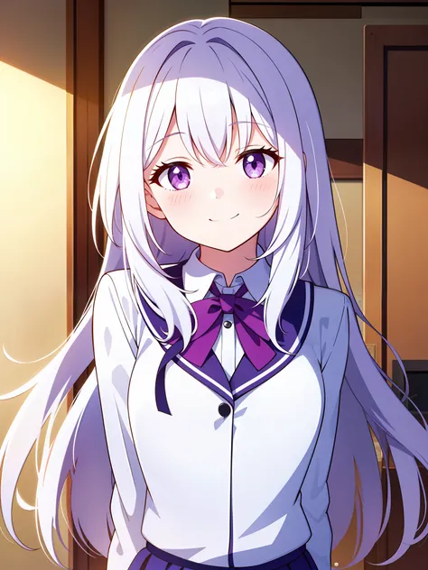 1 girl, upper body, smile, blush, indoors, long hair, school uniform, white hair, purple eyes