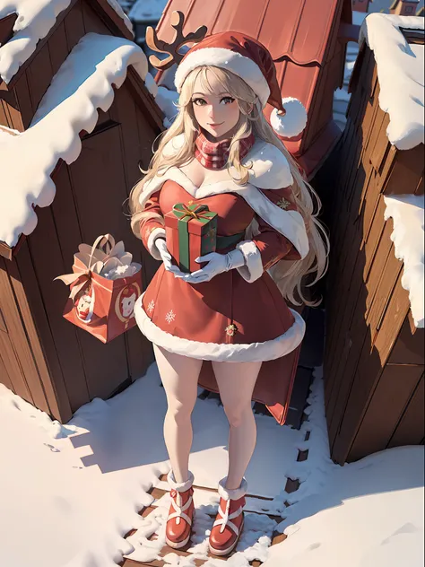 ((Full body+standing up)), Weight, ((wearing a Santa Claus outfit with+holding a gift bag)), She is smiling, looking at the viewer, ((its snowing+on top of a house roof+with a reindeer sleigh)), Hyperrealism, 16k, best quality, high details, masterpiece, U...
