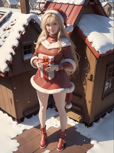 ((Full body+standing up)), Weight, ((wearing a Santa Claus outfit with+holding a gift bag)), She is smiling, looking at the viewer, ((its snowing+on top of a house roof+with a reindeer sleigh)), Hyperrealism, 16k, best quality, high details, masterpiece, U...